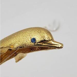 Vintage Large Dolphin Gold Jumping Brooch Whale Pin